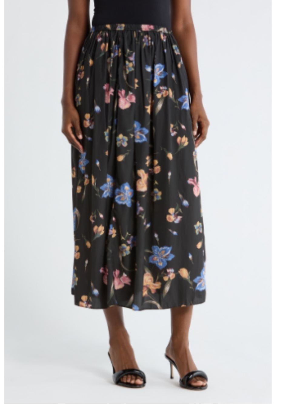Tahari Black Floral Midi Skirt with Elastic Waist
